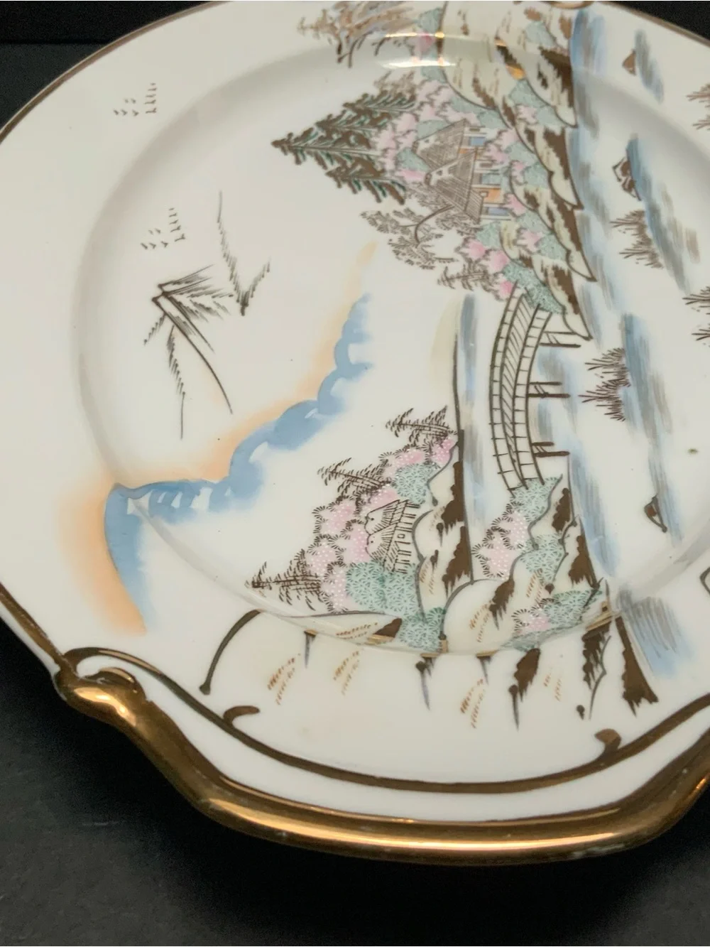 Vintage Hand-painted Kutani Porcelain 15” oval serving platter, Gold Trim, Japan